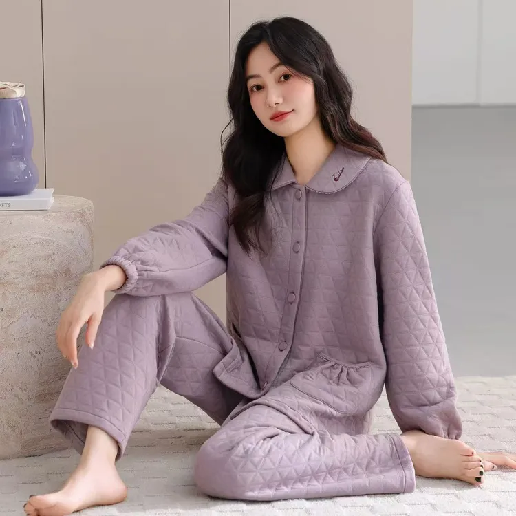 睡衣女士秋冬新款加厚纯棉长袖空气棉夹层冬天厚款夹棉保暖家居服