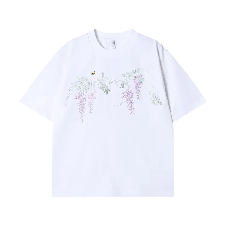 T2538新款时尚个性扎染撞色刺绣叶子圆领短袖T恤百搭情侣套头上衣