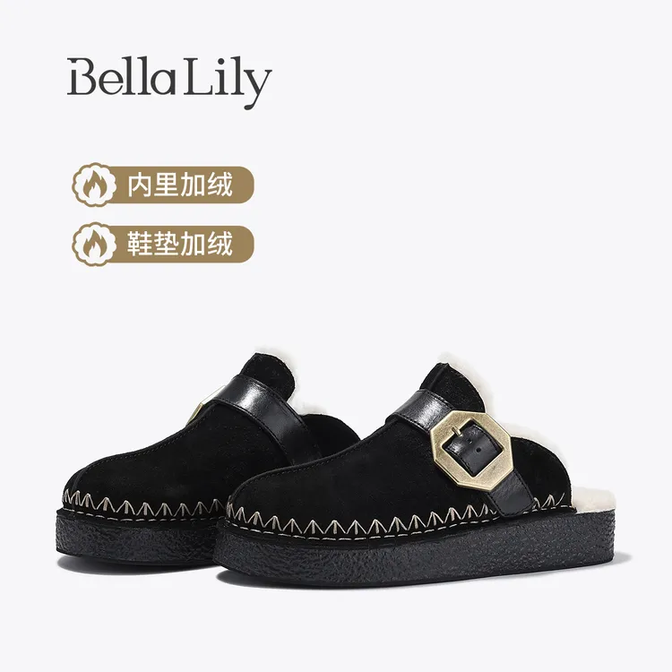 BellaLily2025冬季新款加绒羊毛勃肯鞋女磨砂牛皮穆勒半拖鞋棉鞋
