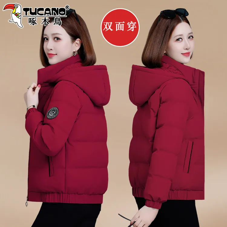 啄木鸟女士棉服女双面穿冬季2025新款洋气连帽棉袄保暖棉衣短外套