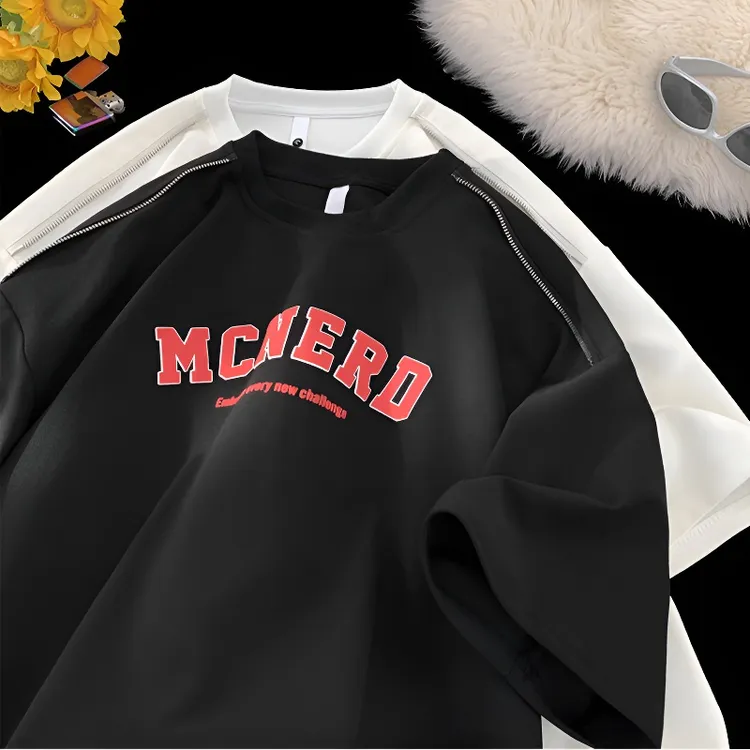 冰丝短袖美式拉链T恤男夏季重磅宽松透气五分袖潮牌欧美高街上衣