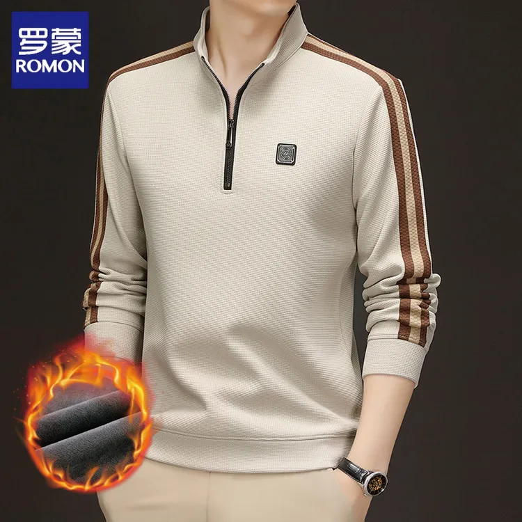 罗蒙加绒加厚卫衣男2025秋冬新款圆领长袖T恤商务休闲上衣打底衫
