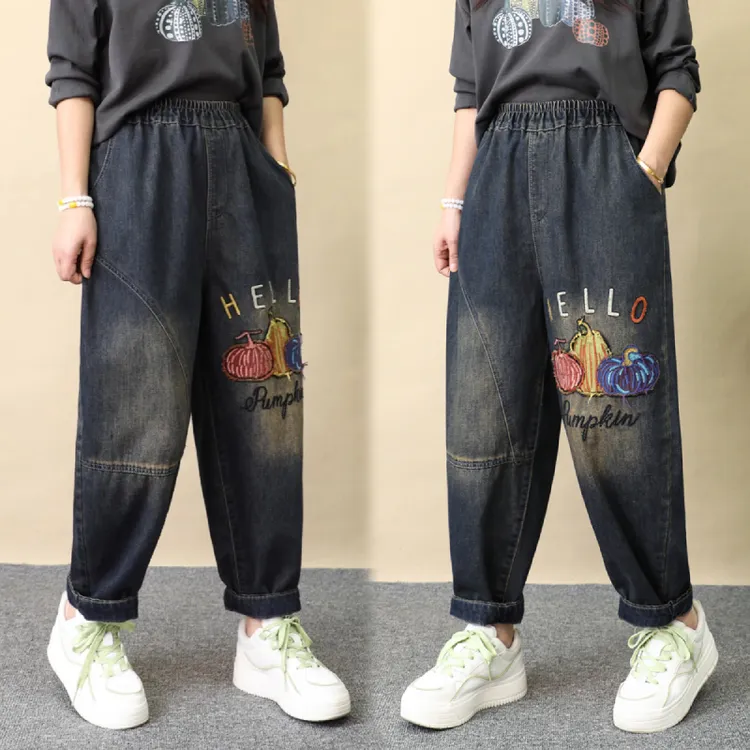 复古彩色南瓜字母刺绣牛仔裤女宽松拼接卷边哈伦裤春秋季女裤长裤