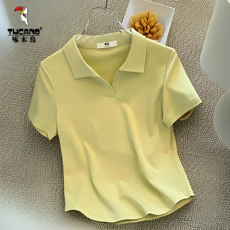 啄木鸟夏季胖mm宽松遮肚短袖纯色翻领polo衫上衣女气质百搭体恤衫