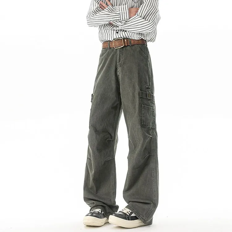 复古水洗工装裤男春夏季美式高街宽松直筒伞兵裤潮牌阔腿休闲裤子