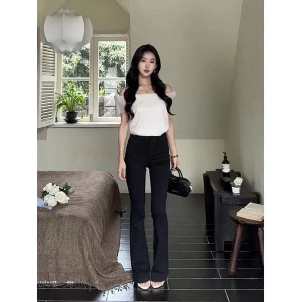 韩国chic夏季气温柔气质一字领露肩薄款短袖网纱衬衫上衣裤子套装