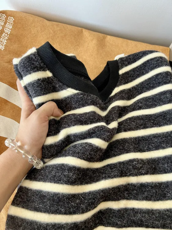 【加厚双面绒】海盐奥利奥绒绒澳绒加厚慵懒宽松显瘦长袖条纹t恤女