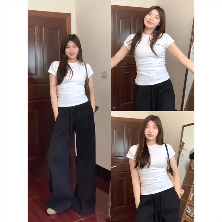 大码正肩短袖t恤女夏季新款修身显瘦内搭设计感休闲百搭圆领上衣t