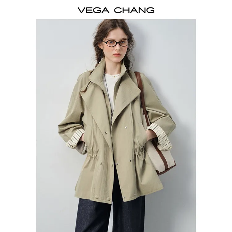 VEGA CHANG【双11好物】风衣女2025新款秋袖口条纹拼接外套0113XT