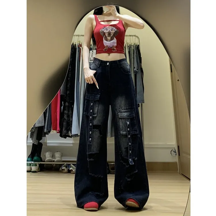 美式复古破洞工装牛仔裤女2025秋季新款重工多口袋宽松显瘦阔腿裤