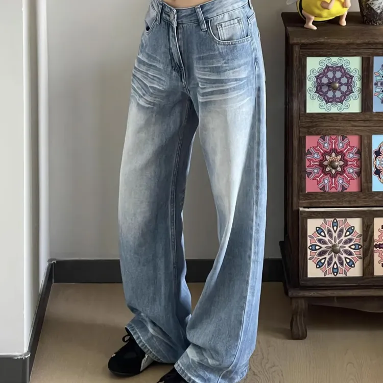 【香巧】美式复古刺绣高腰宽松显瘦阔腿牛仔裤秋季水洗做旧拖地裤