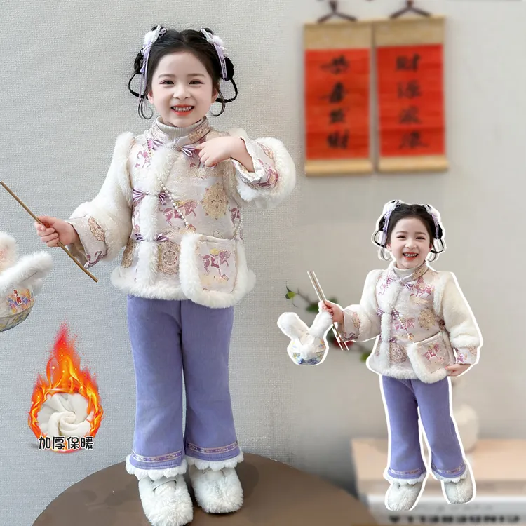 女童洋气国风加绒年服套装带包包2026新款儿童冬装女宝宝两件套潮