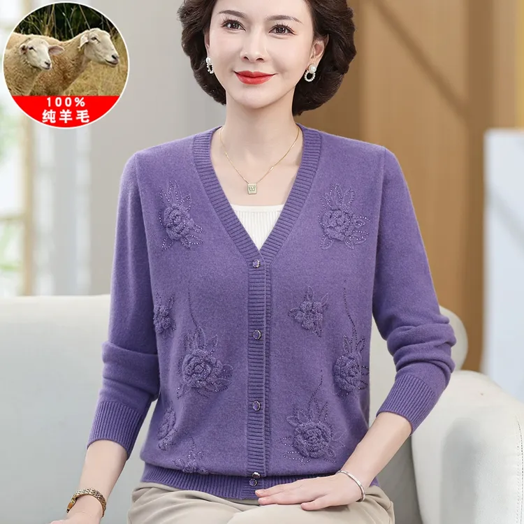 洋气妈妈装秋冬100%纯羊毛小开衫外套中年女针织衫绣花毛衣薄款