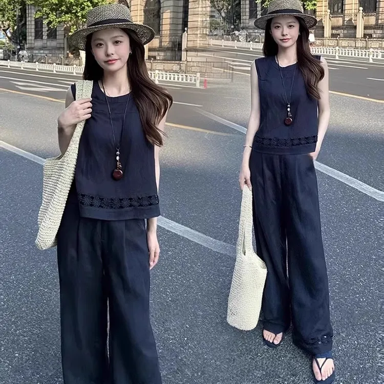 拉夏贝尔时尚套装女2025春秋洋气减龄木耳边上衣阔腿裤气质两件套