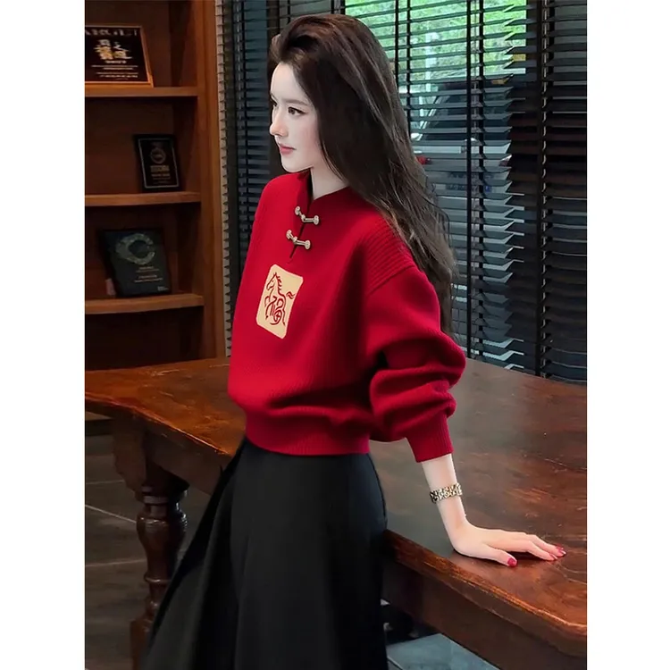 新中式国风盘扣白马红色圣诞毛衣女款2025新款冬季本命年马年衣服