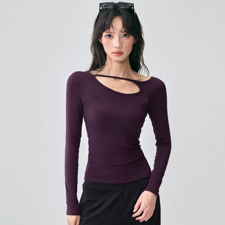 云端贝壳镂空瑜伽服长袖女性感纯欲露肩健身衣跑步运动T恤流光风