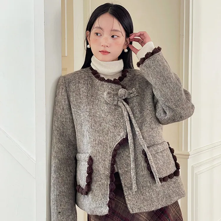 毛呢外套女短款小香风高级感上衣冬季流行法式复古蝴蝶结气质开衫
