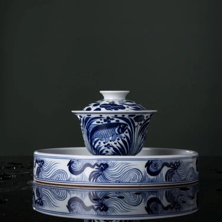 临风听雨 仿元青花渔澡纹盖碗壶承手雷杯复古青花盖碗全手工