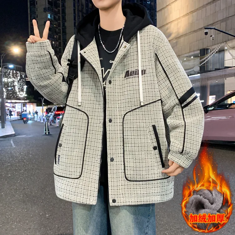 2025秋冬加绒加厚外套男青少年休闲百搭潮流宽松学生连帽帅气夹克