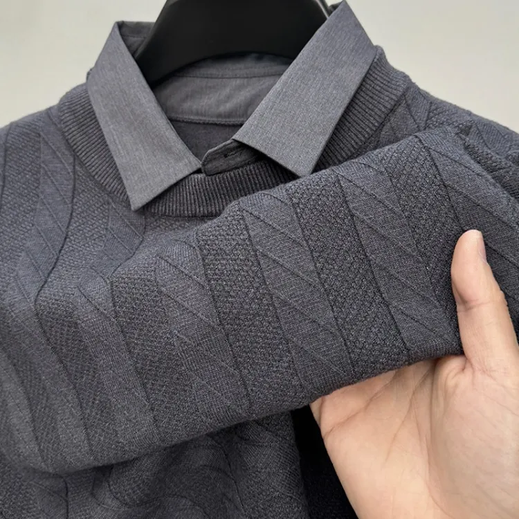 CATIA SELI秋冬新款假两件毛衣男士翻领保暖上衣衬衫领针织打底衫