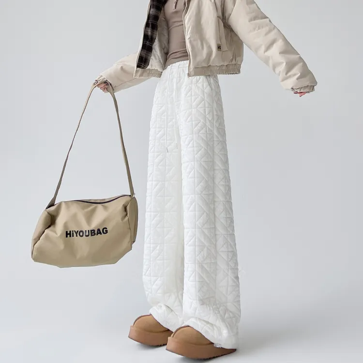 慵懒松弛感菱形夹棉暖裤女冬款宽松阔腿直筒潮流休闲百搭外穿棉裤