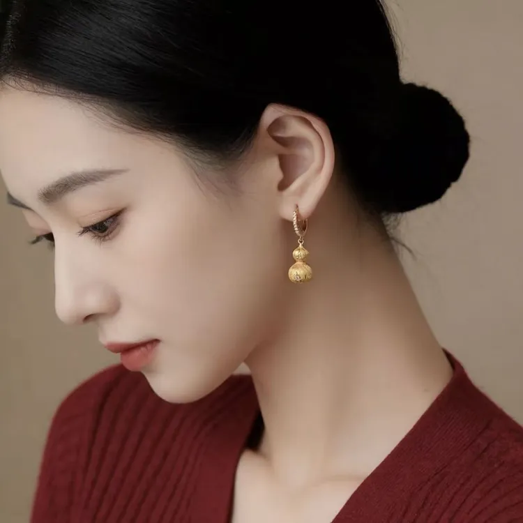 合金耳饰 拉丝金色葫芦耳坠新中式国风高级感耳扣气质百搭女士商品图