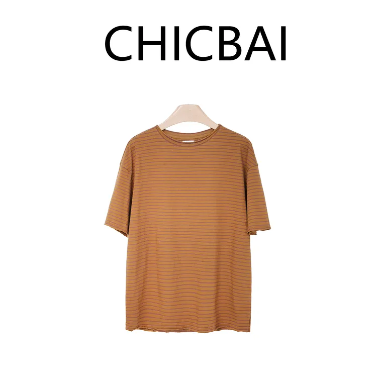CHICBAI 全棉沙丘横脊极简细条纹圆领慵懒T恤