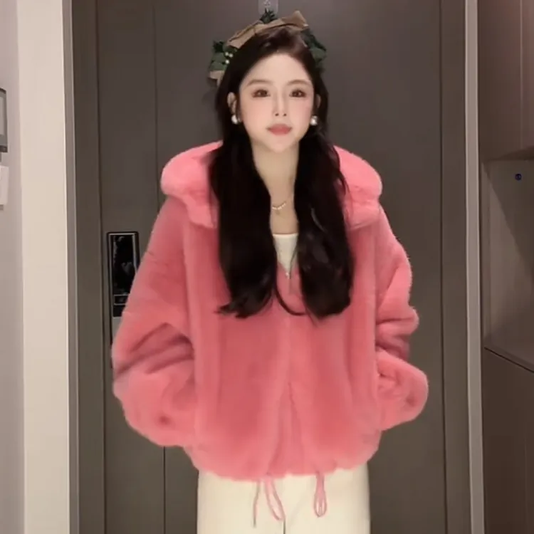 冬季连帽拉链加厚保暖水貂绒毛毛短外套女款韩版百搭时尚休气质