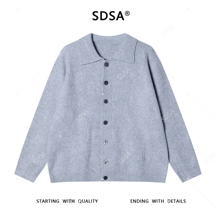 SDSA男士秋冬新款痞帅男装韩版格子纽扣翻领针织衫百搭时尚毛衣