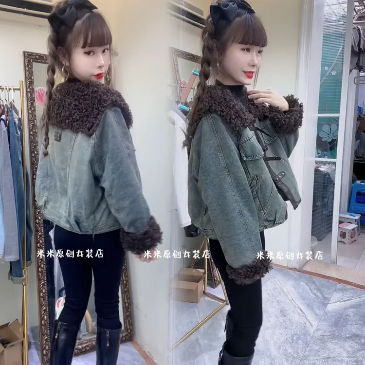 2025冬季短款牛仔夹棉外套欧货洋气披肩领拼接仿羊羔毛高级时髦女