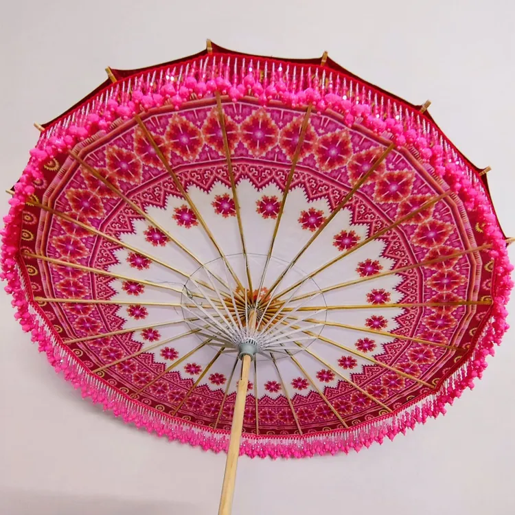 苗家玫红色花伞串珠玫红色玫瑰花适合旅游打卡拍照摄影走秀折叠