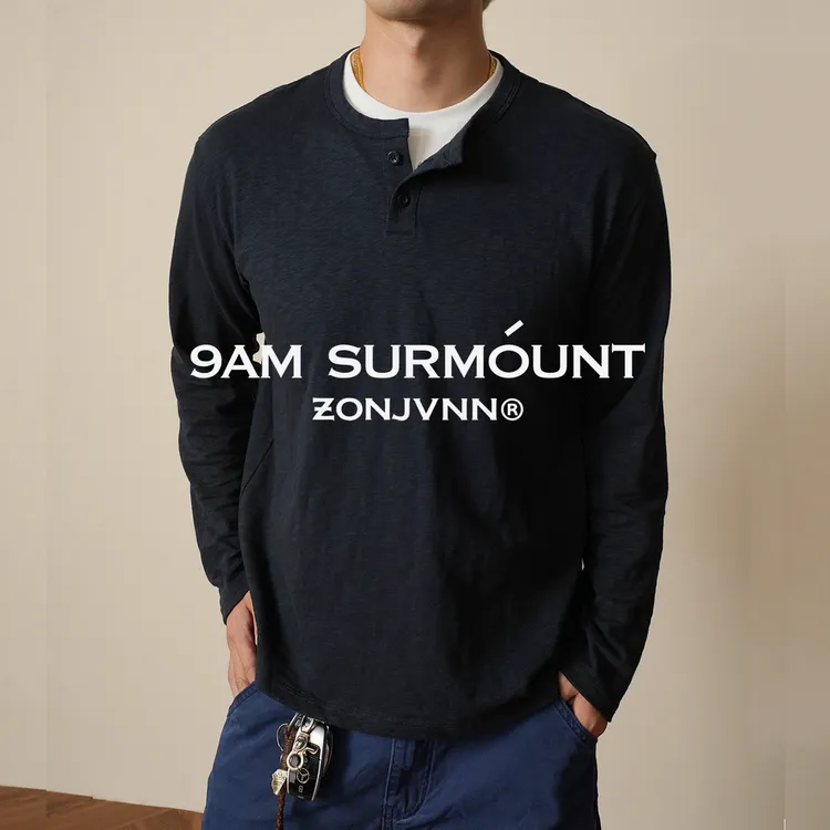 ZONJVNN竹节棉亨利假两件长袖T恤男士秋季打底衫休闲百搭上衣简约