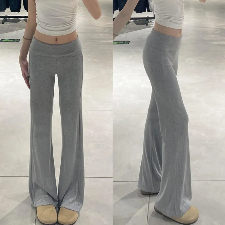 翻腰灰色针织喇叭裤女夏季薄款修身弹力显瘦微喇阔腿裤休闲瑜伽裤