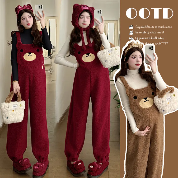 孕妇装秋冬新款爆款洋气韩版针织打底卡通小熊加绒羊羔毛背带裤