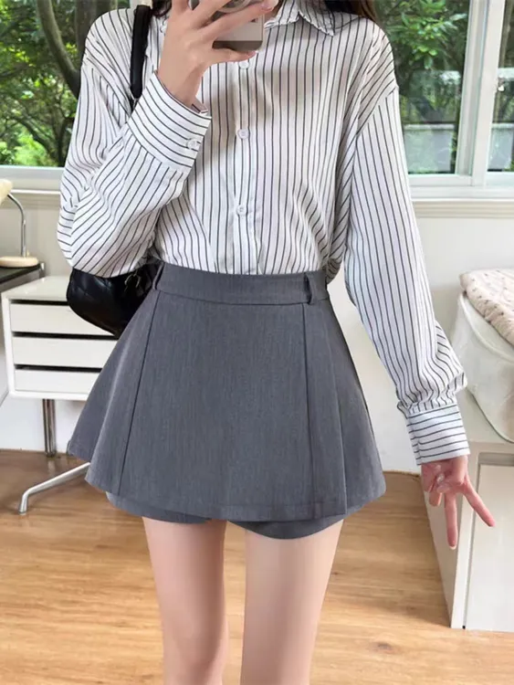 秋季西装新款学院风高腰藏肚子半身裙百搭小个子不规则A字短裤女