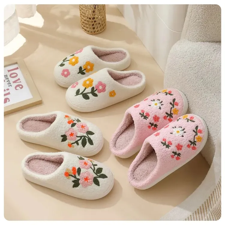 新款居家可爱花朵冬季拖鞋毛绒保暖情侣办公室室内简约防滑家用