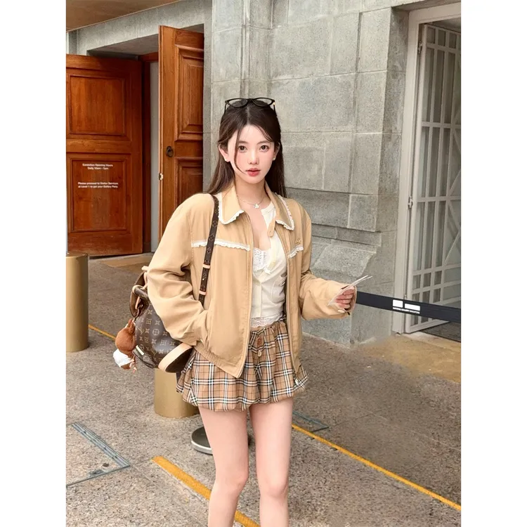 韩系甜美蕾丝花边夹克宽松外套女秋季2025新款时尚百搭休闲短上衣