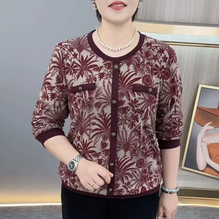秋冬新款时尚圆领中老年气质妈妈装宽松遮肚显瘦休闲长袖上衣H271