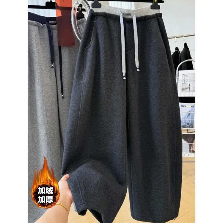 大码女装胖mm240斤加绒休闲裤女秋冬减龄直筒卫裤独特小众弯刀裤
