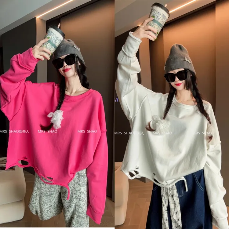 YY2023早秋新款时尚破洞毛圈卫衣女宽松休闲百搭长袖上衣潮