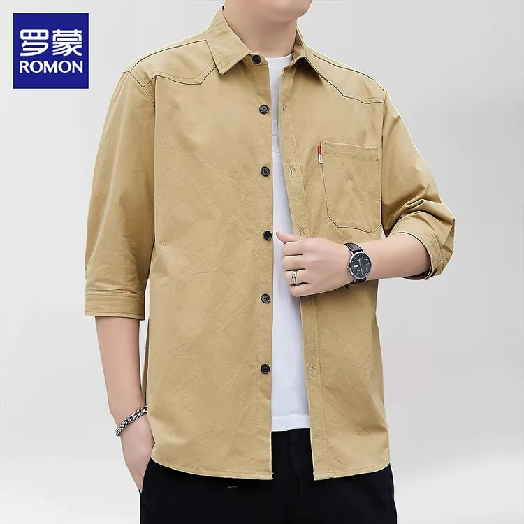 【100%纯棉】罗蒙短袖衬衫男士夏季新款七分袖工装上衣休闲外套男款