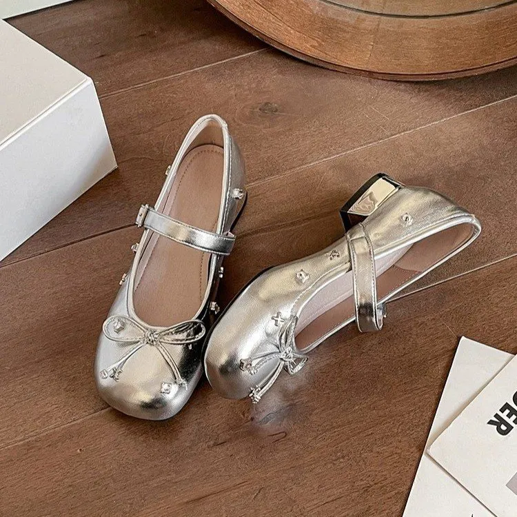 银色玛丽珍单鞋2025新款配裙子浅口圆头蝴蝶结芭蕾风法式粗跟女鞋