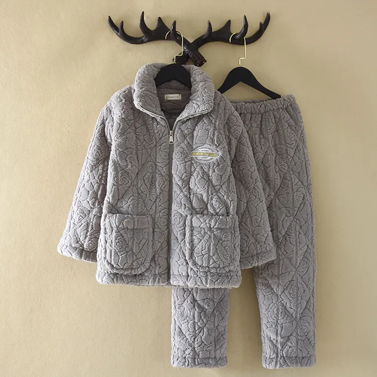 灰色男童睡衣冬三层加厚珊瑚绒夹棉男孩中大童家居服套装