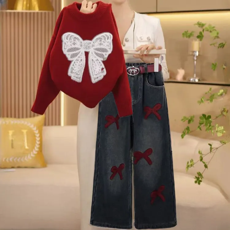 女童秋季2025新款时尚韩系女宝洋气红毛衣中大童时髦牛仔裤套装潮