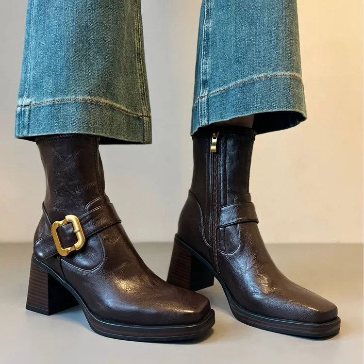 软皮粗跟靴子增高秋冬瘦瘦靴女气质复古风高跟方头短靴软皮防水台