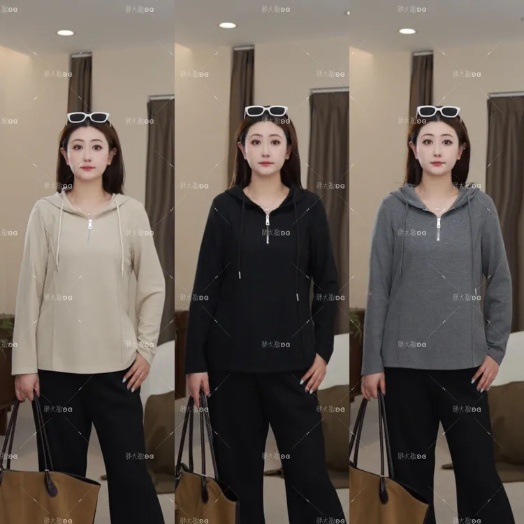 【秋款上新】PDM22573秋季新款显瘦正肩遮肉半拉链连帽大码女装上衣