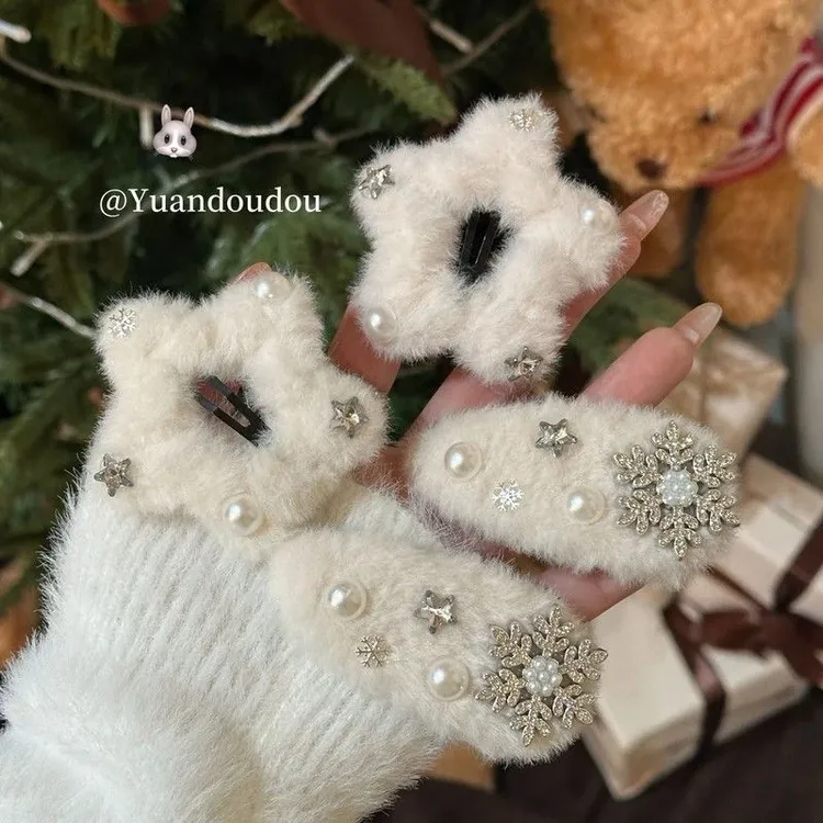 秋冬毛绒雪花星星发夹女侧边夹甜美可爱韩系氛围感百搭发卡发夹