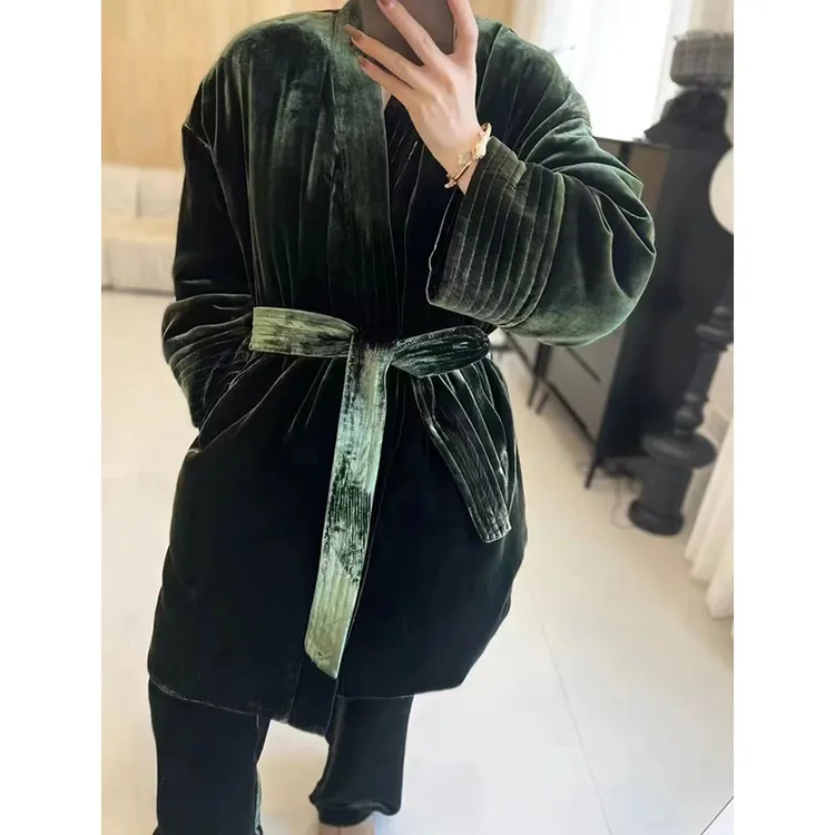 设计师品牌新款气质桑蚕丝真丝丝绒保暖棉服外套女装大衣