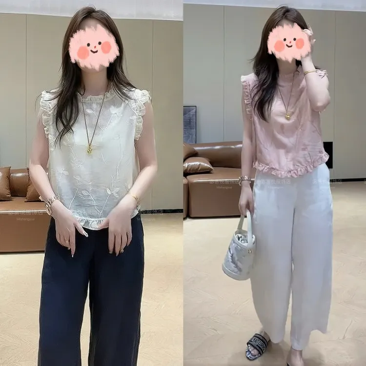 夏季新款气质立体钩花木耳边洋气小衫上衣设计感百搭阔腿裤套装女