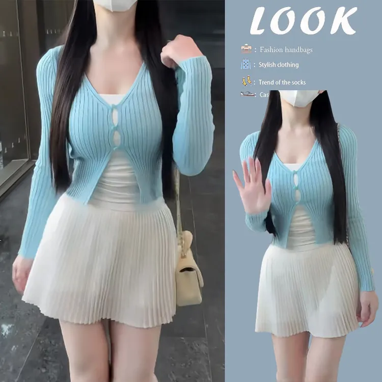 2025春季新款简约温柔风穿搭修身针织开衫吊带内搭百褶短裙三件套